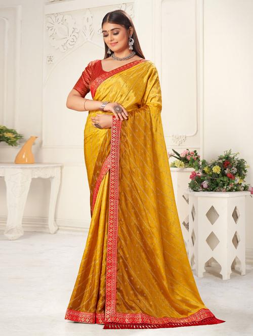 mustard self design embellished saree with blouse - 20191565 - Very Small Image - 1
