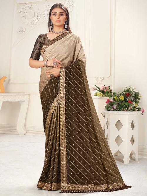 brown self design embellished saree with blouse - 20191568 - Very Small Image - 1