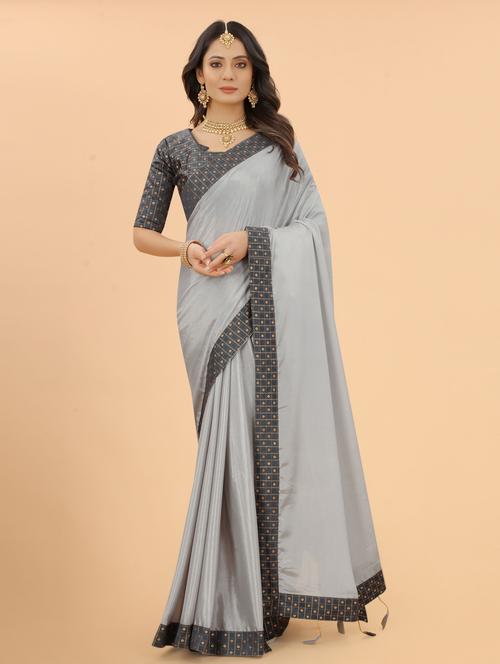 grey solid chiffon saree with blouse - 20191597 - Very Small Image - 1