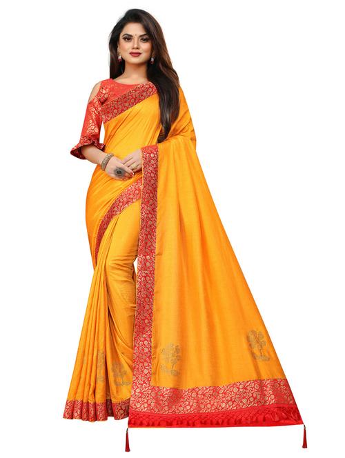 yellow self design bordered saree with blouse - 20191602 - Very Small Image - 1