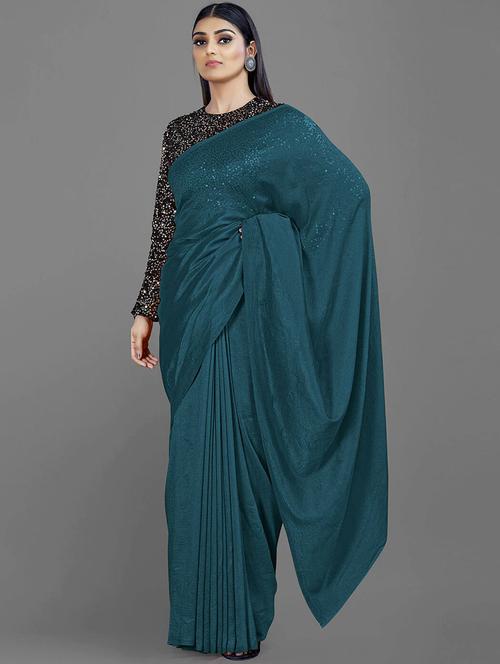 blue solid plain saree with blouse - 20191615 - Very Small Image - 1