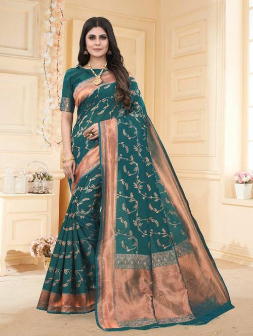 dark green kanjivaram saree with blouse - 20191640 - Very Small Image - 1
