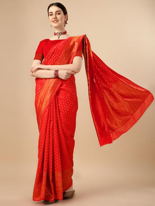 red self design silk blend saree with blouse - 20191652 - Very Small Image - 1