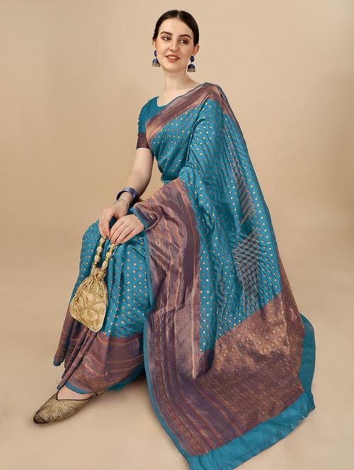 blue self design silk blend saree with blouse - 20191654 - Very Small Image - 1