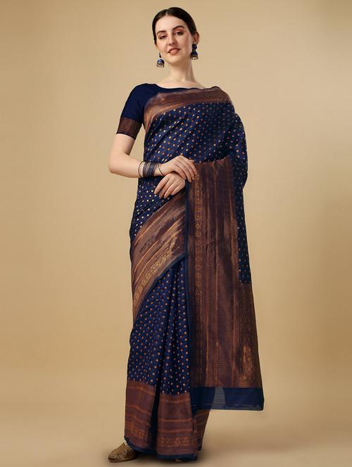 blue self design silk blend saree with blouse - 20191658 - Very Small Image - 1