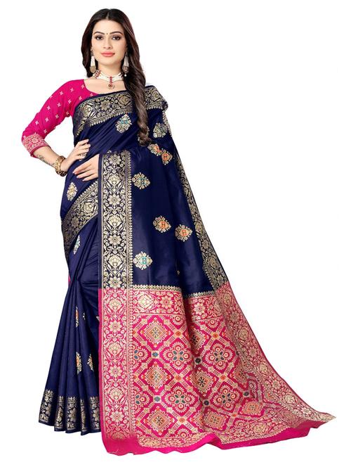 blue self design kanjivaram saree with blouse - 20191688 - Very Small Image - 1