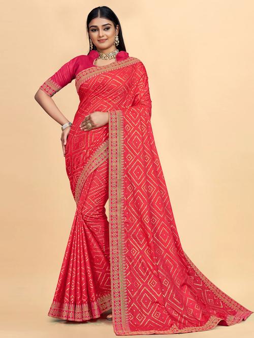 orange self design bandhani print saree with blouse - 20191735 - Very Small Image - 1