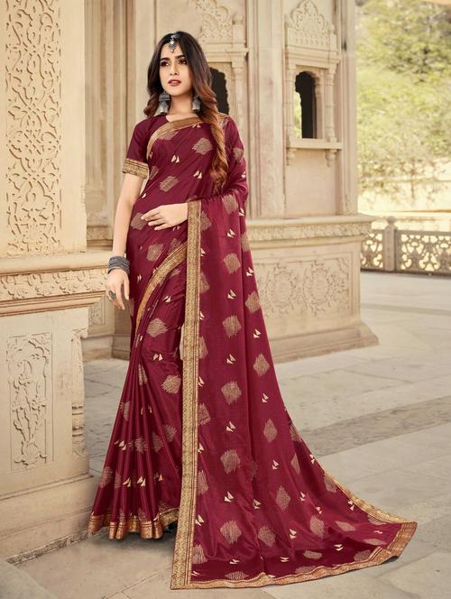maroon self design printed saree with blouse - 20191755 - Very Small Image - 1