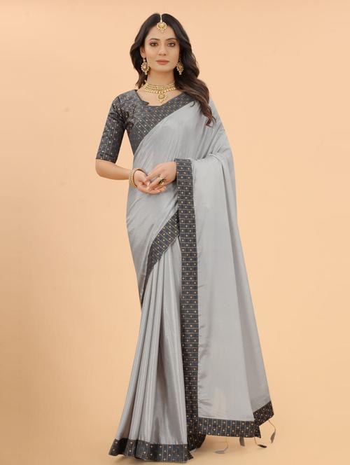 lace bordered solid saree with blouse - 20193275 - Very Small Image - 1