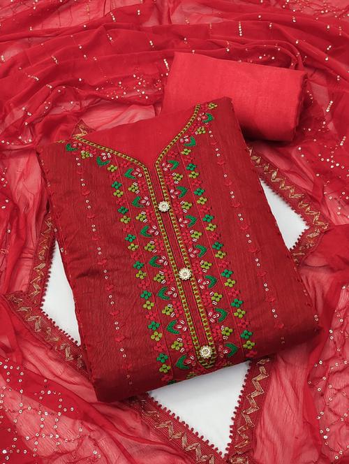 red embroidred unstitched salwar suit set - 20193364 - Very Small Image - 1