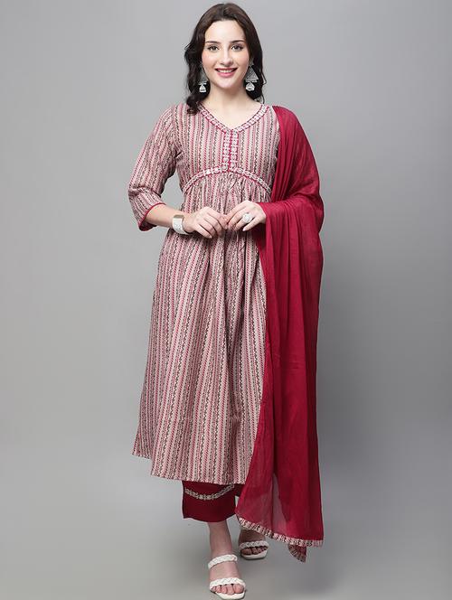 red kurta pant set with dupatta - 20194179 - Very Small Image - 1