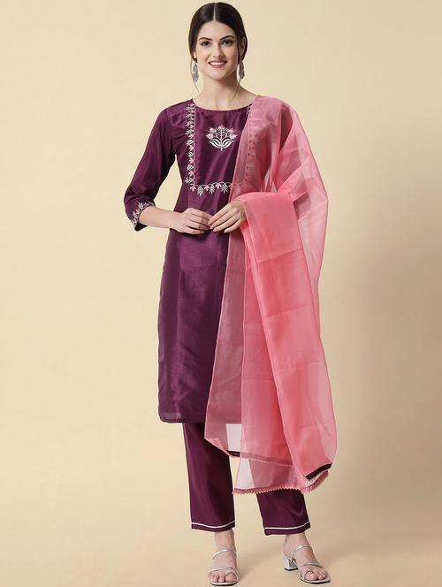 purple round neck kurta pant set with dupatta - 20194594 - Very Small Image - 1