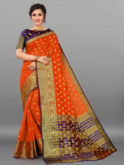 orange cotton blend banarasi saree with blouse - 20194653 - Very Small Image - 1