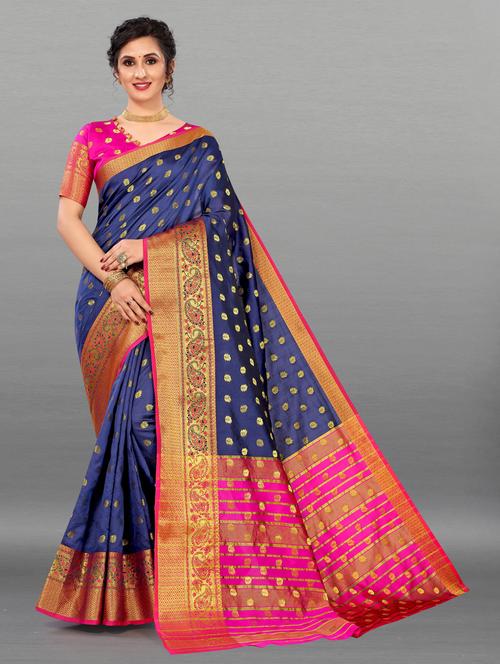 blue cotton blend banarasi saree - 20194656 - Very Small Image - 1