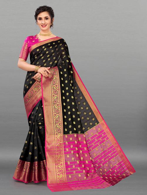 black cotton blend banarasi saree - 20194657 - Very Small Image - 1