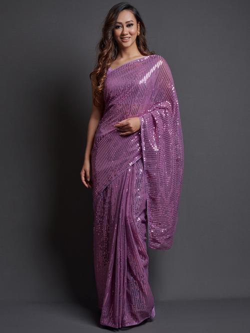 purple self design sequin work saree with blouse - 20194683 - Very Small Image - 1