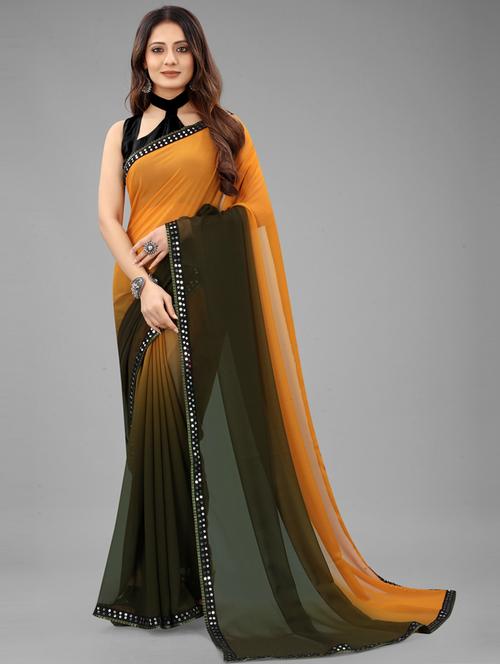 orange & green self design plain saree with blouse - 20194732 - Very Small Image - 1