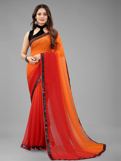 orange & red self design plain saree with blouse - 20194734 - Very Small Image - 1