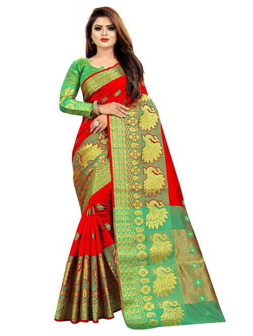 red cotton silk banarasi saree with blouse - 20194739 - Very Small Image - 1
