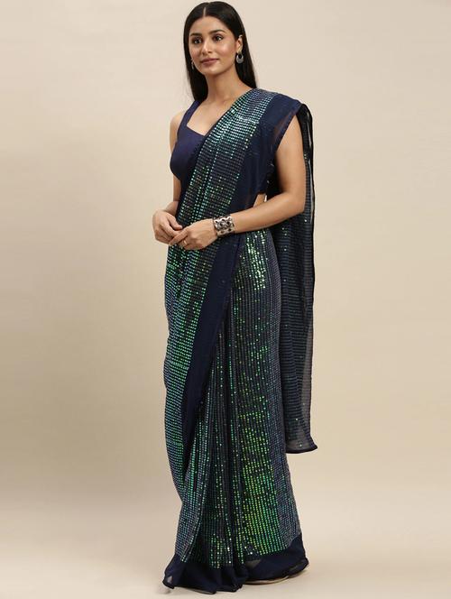 blue self design sequin work saree with blouse - 20194754 - Very Small Image - 1