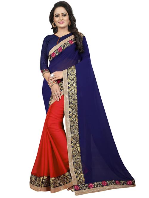red & blue self design bordered saree with blouse - 20194845 - Very Small Image - 1