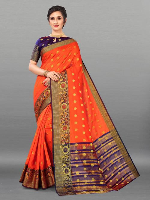 orange cotton blend saree with blouse - 20194856 - Very Small Image - 1