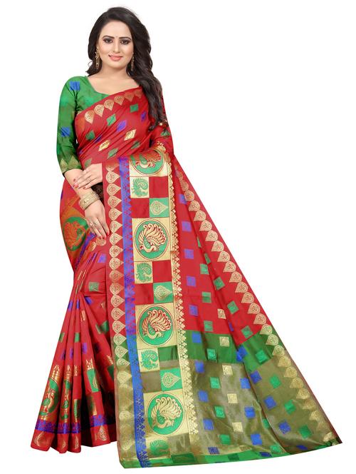 red cotton blend saree with blouse - 20194868 - Very Small Image - 1
