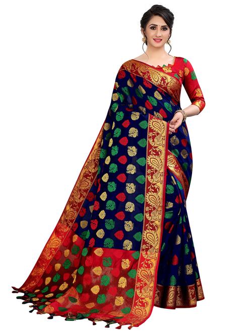 dark blue silk blend banarasi saree with blouse - 20194882 - Very Small Image - 1