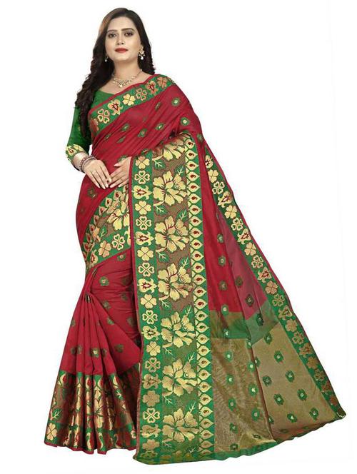red silk blend banarasi saree with blouse - 20194900 - Very Small Image - 1
