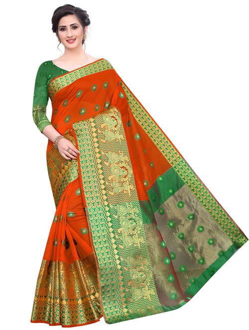 orange cotton blend banarasi saree - 20194904 - Very Small Image - 1