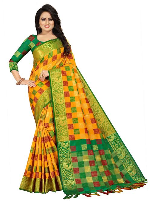 yellow cotton silk banarasi saree with blouse - 20194912 - Very Small Image - 1