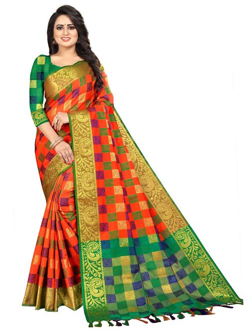 orange cotton silk banarasi saree with blouse - 20194915 - Very Small Image - 1