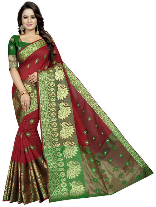 red cotton blend banarasi saree with blouse - 20194932 - Very Small Image - 1