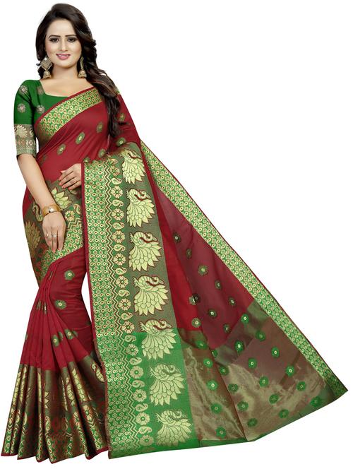 red cotton blend banarasi saree - 20194934 - Very Small Image - 1