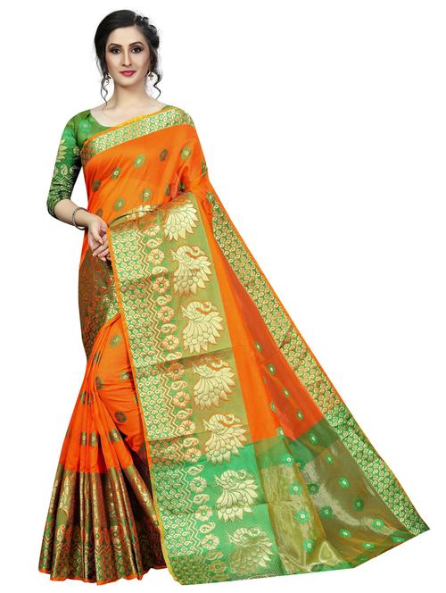 orange cotton blend banarasi saree - 20194943 - Very Small Image - 1