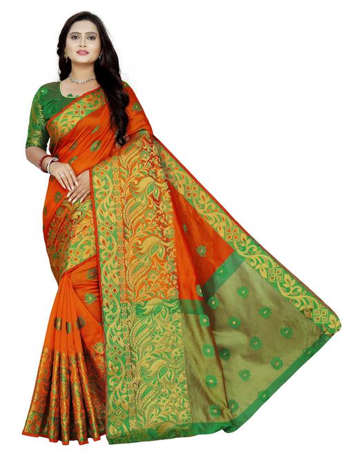 orange silk blend banarasi saree with blouse - 20194983 - Very Small Image - 1