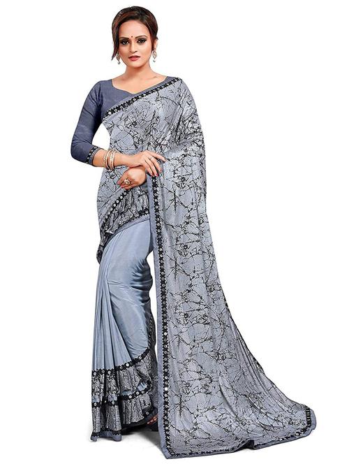grey self design printed saree with blouse - 20195020 - Very Small Image - 1