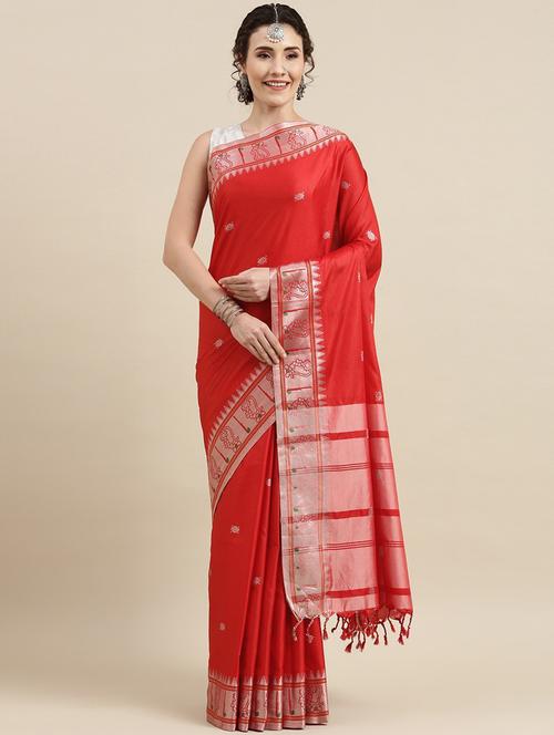red cotton blend saree with blouse - 20195041 - Very Small Image - 1