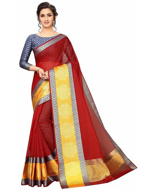 red cotton blend saree with blouse - 20195045 - Very Small Image - 1
