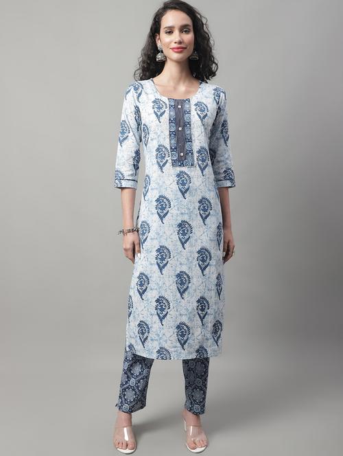 blue round neck kurta pant set with dupatta - 20195079 - Very Small Image - 1