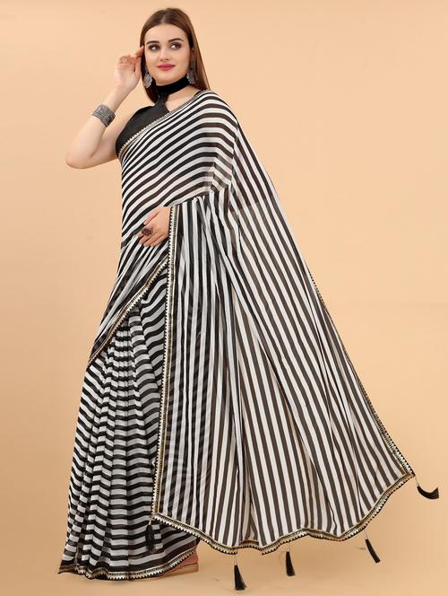 black stripes printed georgette saree - 20196045 - Very Small Image - 1