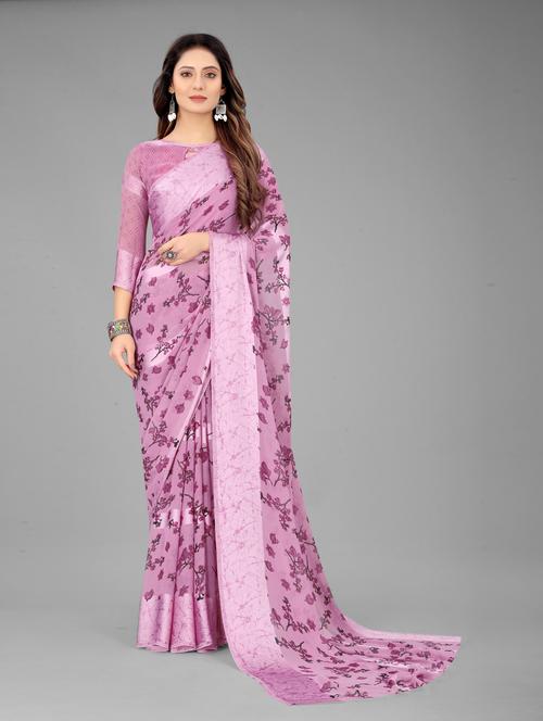 purple floral printed georgette saree with blouse - 20196061 - Very Small Image - 1