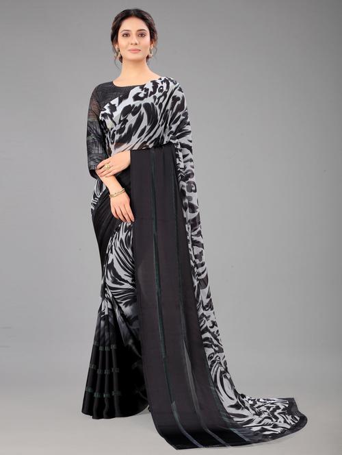 black self design printed georgette saree with blouse - 20196129 - Very Small Image - 1