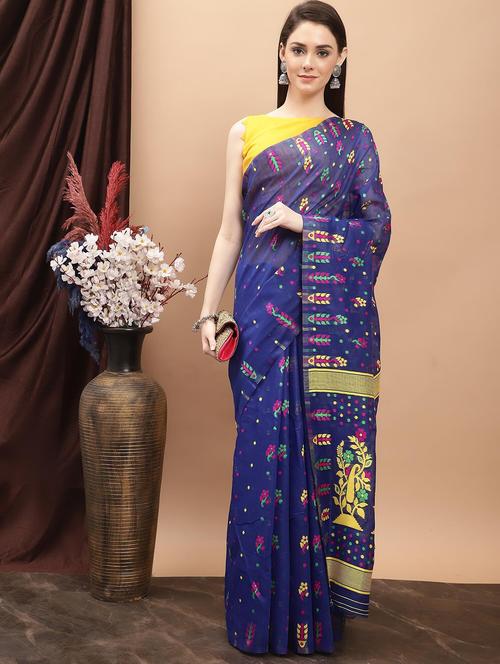 dark blue cotton jamdani saree - 20197095 - Very Small Image - 1