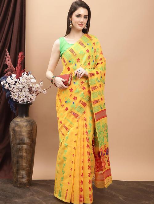 yellow cotton jamdani saree - 20197098 - Very Small Image - 1
