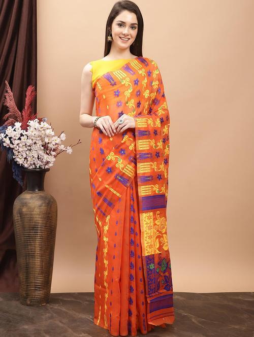 orange cotton jamdani saree - 20197104 - Very Small Image - 1