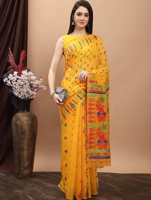yellow cotton jamdani saree - 20197111 - Very Small Image - 1