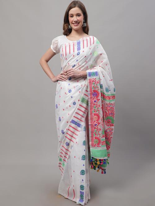 white cotton blend jamdani saree - 20197116 - Very Small Image - 1