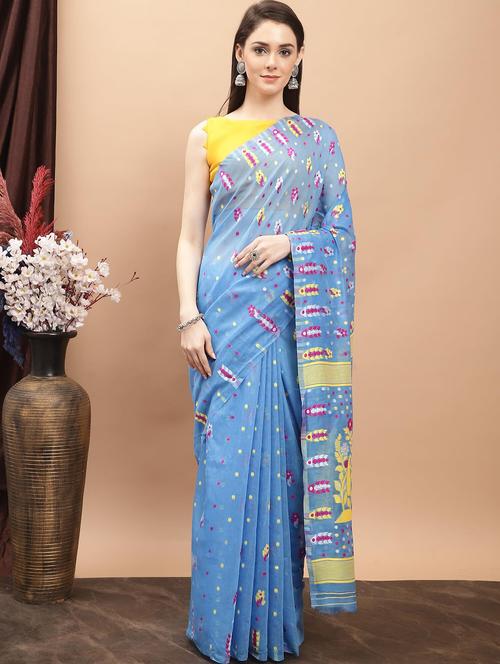 light blue cotton jamdani saree - 20197117 - Very Small Image - 1