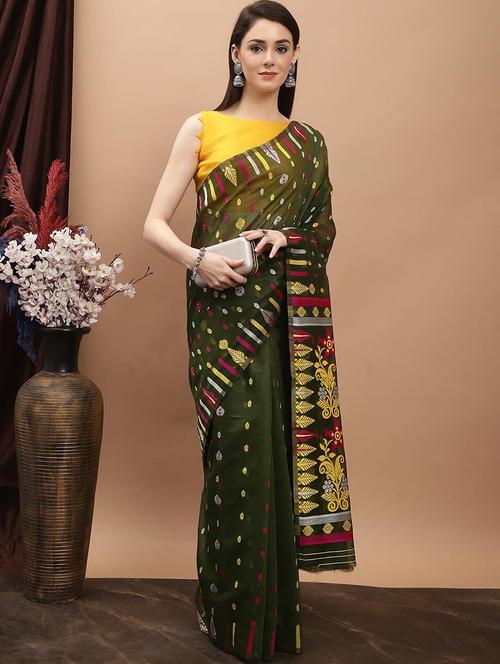 green cotton jamdani saree - 20197119 - Very Small Image - 1